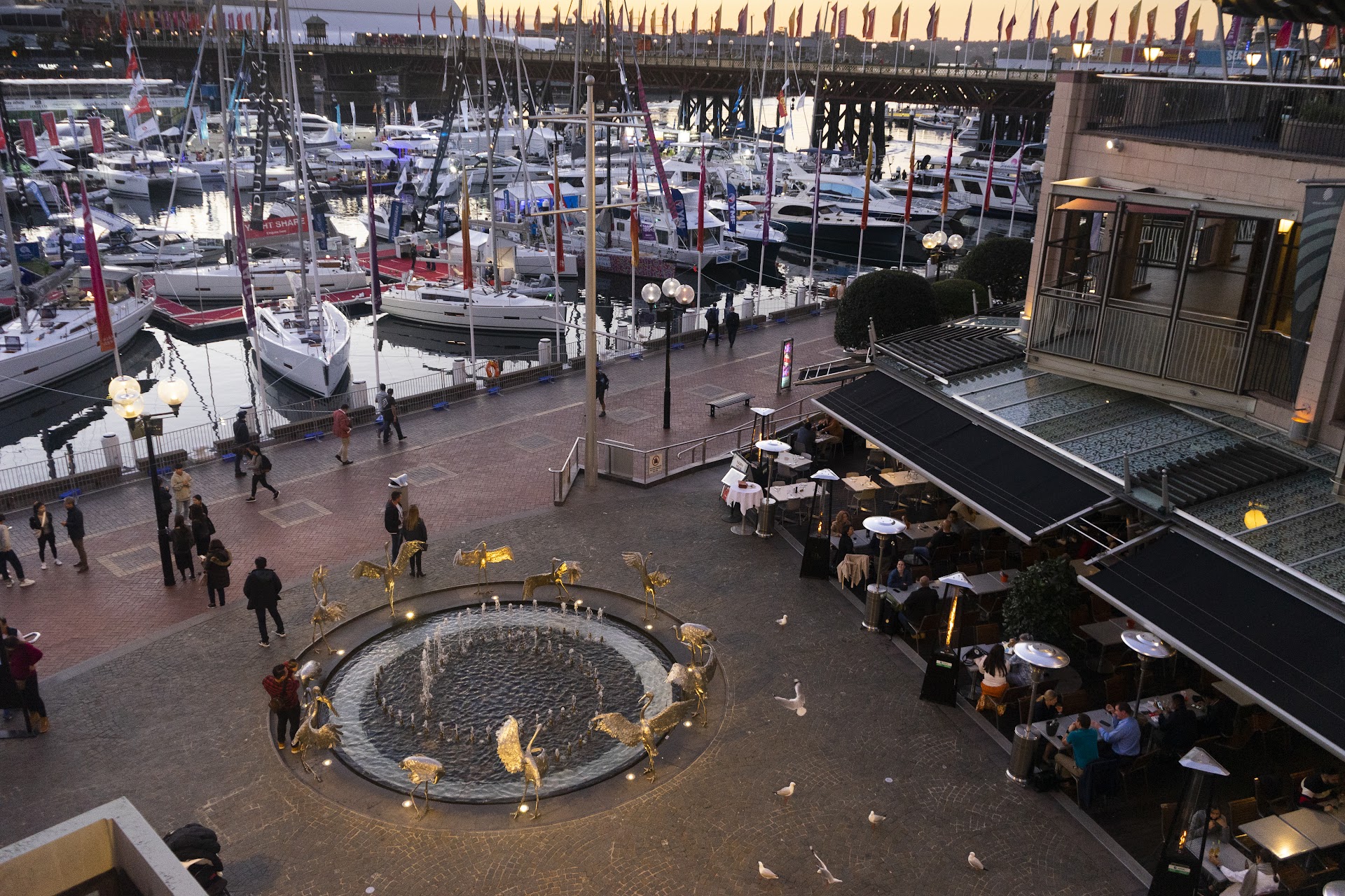 Cockle Bay Wharf marina and outdoor dining at dusk