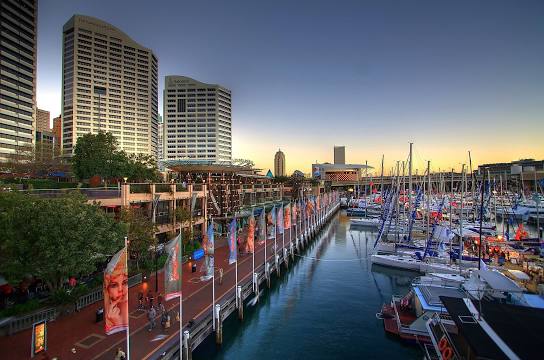 Darling Harbour promenade beside Cockle Bay Wharf at sunset