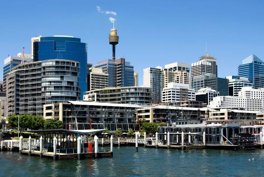 Sydney skyline and Cockle Bay Wharf seen from the harbour